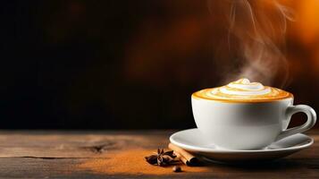 Close-up of a steaming cup of pumpkin spice latte on a rustic wooden table background with empty space for text photo
