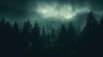 An eerie fog descends upon a dense forest creating a haunting atmosphere background with empty space for text photo