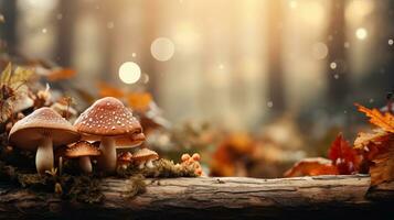 A cozy autumnal forest setting filled with fallen leaves and mushrooms background with empty space for text photo