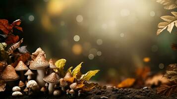 A cozy autumnal forest setting filled with fallen leaves and mushrooms background with empty space for text photo