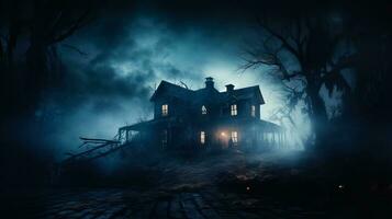 A spooky haunted house with eerie lighting and fog background with empty space for text photo