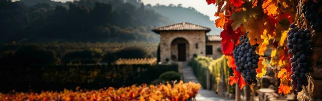 A picturesque vineyard adorned in fiery red and golden foliage invites wine enthusiasts to indulge in a captivating autumn tasting experience photo