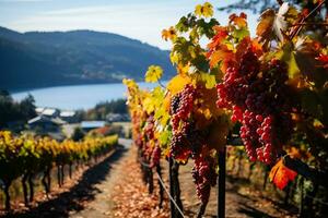 A picturesque vineyard at the peak of autumn foliage where wine enthusiasts gather to indulge in tastings and vineyard tours photo