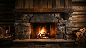 A peaceful scene of a rustic cabin with a crackling fireplace background with empty space for text photo