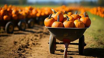 A scenic pumpkin patch with a wheelbarrow filled with colorful pumpkins background with empty space for text photo