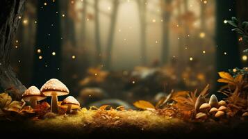 A cozy autumnal forest setting filled with fallen leaves and mushrooms background with empty space for text photo