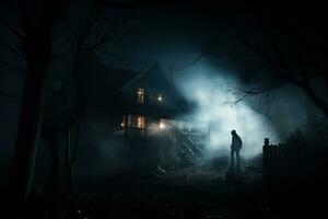 un misterioso silueta de un obsesionado casa envuelto en un misterioso niebla espera valiente almas en fantasma Excursiones foto