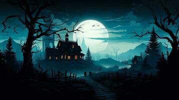 un escalofriante negro silueta de un obsesionado casa en contra un lleno Luna evocando misterio y fantasmal encuentros foto