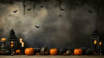 A spooky haunted house setup with cobwebs pumpkins and candles background with empty space for text photo