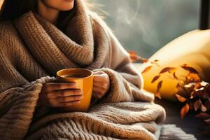 A young woman snuggles under a warm blanket sipping tea and getting lost in the pages of a captivating autumn read photo