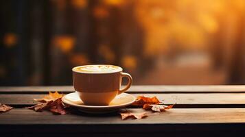 de cerca de un humeante taza de calabaza especia latté en un rústico de madera mesa antecedentes con vacío espacio para texto foto