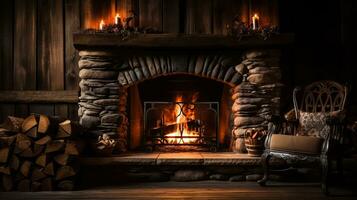 A peaceful scene of a rustic cabin with a crackling fireplace background with empty space for text photo