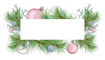 Frame of pine branch with Christmas balls, mistletoe digital watercolor style illustration. Xmas tree decoration hand drawn. Element for card, 2023 new year design, invitation. png