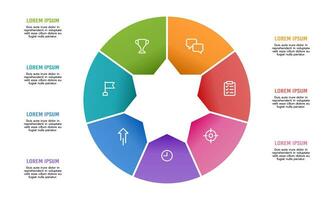 Circle infographic 7 processes. The pie chart is divided into 7 parts. Vector illustration.