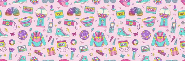 Vintage seamless pattern 80s 90s, cassette, nostalgic items, geometric shapes in Memphis style. Vector retro print in pink background