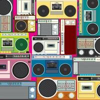 Colorful retro cassette player and radio flat design vector illustration on choking pink background.