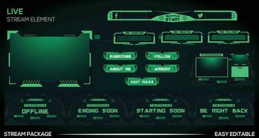 Green Futuristic Live Stream Gaming facecam, overlay, alert, panal, screen full Package Design Element for live gamer. online stream futuristic style vector