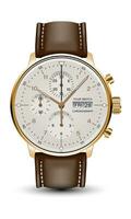 Realistic watch clock chronograph face gold brown leather strap on white design classic luxury vector