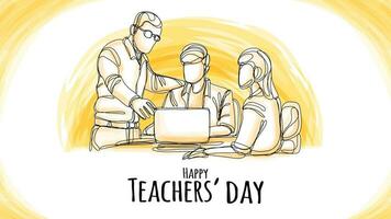 Teachers Day Banner With Simple Teacher Teaching Student Illustration One Continuous Line Style vector