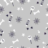 Simple handdrawn pattern on grey background with candies, web, bones and skull. Vector square design in quite colors.