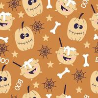 Cute Halloween pattern on orange background. Happy cauldron and pumkin with bones and web in cartoon style. vector