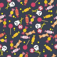 Colourful square pattern with Halloween candies and skull on dark background. vector