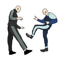 Gabbers dancing hakkuh dance. Gabba style. Men with shaved head in sweatpants and sneakers. Youth subculture comes from the 80-90s. Vector isolated illustration.