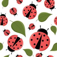 Cute Ladybug and leaves seamless pattern. Pretty color Ladybird vector endless background. Nature cartoon or Flat illustration with red dotted Beetle isolated on white. Summer spotted bug.