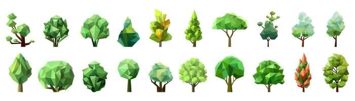 Set of abstract low poly tree icon isolated. Geometric forest polygonal style collection. Vector 3d low poly symbol. Stylized eco design element.