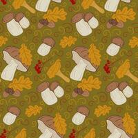 Flat hand drawn autumn mushroom seamless pattern. Cartoon nature design. Isolated flat vector oak leaves and boletus with red berries. Ideal for decoration, textile, wrapping paper