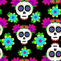 Mexican seamless pattern of sugar skulls and flowers on a black background vector