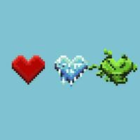 Pixel art sets of heart items. Red ordinary heart,blue ice heart,and green grass heart. Pixel art,8bits perfect for game asset or design asset element for your game design asset. vector