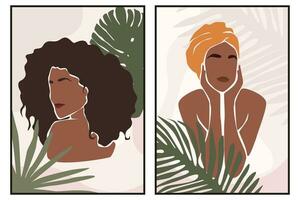 resumen retrato ilustración de africano mujer con trópico hojas. conjunto de boho carteles moderno boho estilo antecedentes para Arte imprimir, póster, tarjeta, decoración. valores vector ilustración