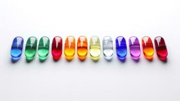 Multicolored transparent tablets on a white background photo