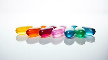 Multicolored transparent tablets on a white background photo