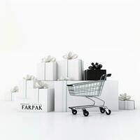 Black Friday with white background, shopping cart and gift box high quality ai generated image photo