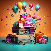 Black Friday shopping, Black Friday colorful shopping cart and gift box high quality ai generated image photo