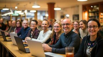 Seminar happy adults on laptops. Generative AI photo