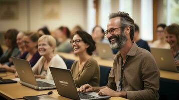 Seminar happy adults on laptops. Generative AI photo