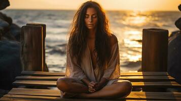 ambicioso serenidad, maravilloso yoga en el playa foto