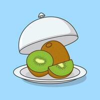 Opened Restaurant Cloche With Kiwi Cartoon Vector Illustration. Fresh Kiwi Fruit Flat Icon Outline