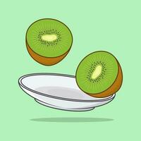 Pieces Of Kiwi On A Plate Cartoon Vector Illustration. Kiwi Fruit Flat Icon Outline