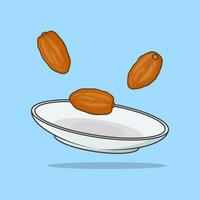 Dates Fruits On A Plate Cartoon Vector Illustration. Dates Fruits Food For Iftar In Ramadan Flat Icon Outline
