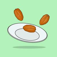 fechas frutas en un plato dibujos animados vector ilustración. fechas frutas para iftar en Ramadán plano icono contorno