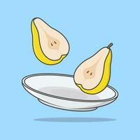 Pieces Of Pear On A Plate Cartoon Vector Illustration. Pear Fruit Flat Icon Outline