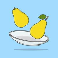 Pera en un plato dibujos animados vector ilustración. Pera Fruta plano icono contorno