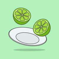 Pieces Of Lime Fruit On A Plate Cartoon Vector Illustration. Lime Fruit Flat Icon Outline