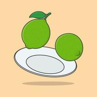 Lime Fruit On A Plate Cartoon Vector Illustration. Lime Fruit Flat Icon Outline