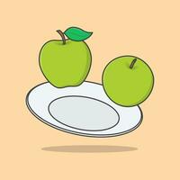 Green Apple Fruit On A Plate Cartoon Vector Illustration. Apple Fruit Flat Icon Outline