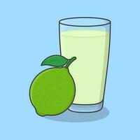 Lima jugo con Fruta en vaso dibujos animados vector ilustración. Lima jugo plano icono contorno